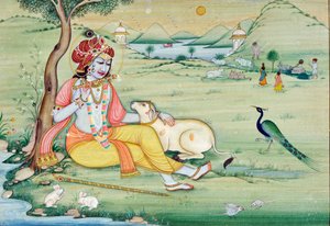 フルートを吹くクリシュナの細密画 作： School Indian