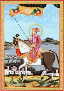 馬に座るムガル皇帝シャー・ジャハーンの細密画 作： School Indian