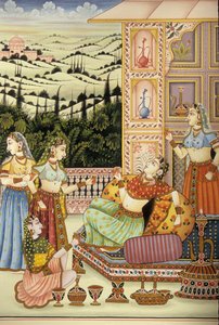 飲み物を楽しむムガール帝国の女性の細密画、インド 作： School Indian