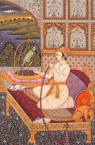 フーカを楽しむムガール王子の細密画（インド 作： School Indian