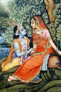 ラーダ・クリシュナの細密画、インド 作： School Indian