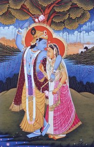 ラーダ・クリシュナの細密画、インド 作： School Indian