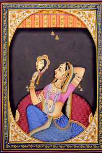 鏡を見る女性の細密画 作： School Indian