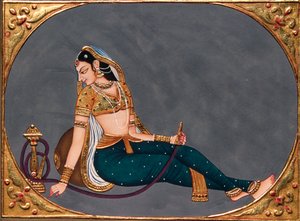 紙にミニチュア絵画 フッカーを楽しむ女性 作： School Indian