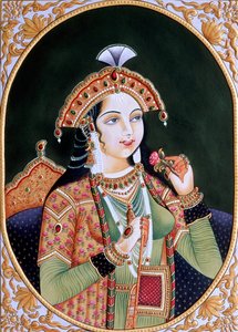 ムガール帝国皇帝シャー・ジャハーンの妻ムムターズ・マハル王女の紙本細密画 作： School Indian