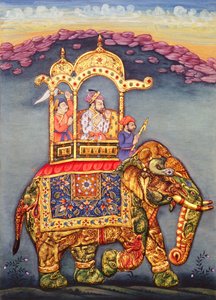 象に乗るムガル帝国のシャー・ジャハーン王 作： School Indian