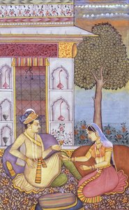 ムガール王朝時代の紙に描かれた細密画 飲み物を楽しむ王 作： School Indian