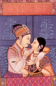 紙に描かれたムガール帝国の恋の情景の細密画（ミニチュア） 作： School Indian