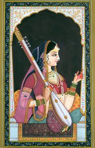 ミュージシャン・レディ（ガッシュ、水彩、紙） 作： School Indian