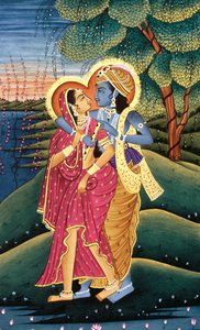クリシュナ神と彼女の最も偉大な帰依者ラーダの絵画、インド 作： School Indian