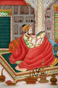 ムガル帝国の皇帝とその妻の恋の情景を描いた絵画、インド 作： School Indian