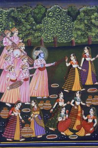 ゴーピーとホリをするクリシュナの写真（インド、ナルクドラル・ピチュワイ・チョール 作： School Indian