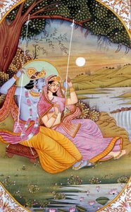 ラダ・クリシュナの細密画、インド 作： School Indian
