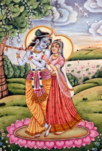 ラダ・クリシュナの細密画、インド 作： School Indian