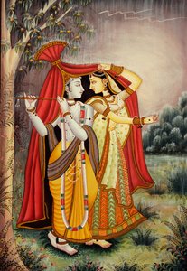 ラダ・クリシュナ ミニチュア絵画 モンスーン・オン・ペーパー 作： School Indian
