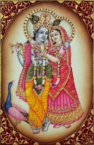 象牙に描かれたラダ・クリシュナの細密画 作： School Indian