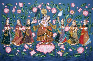 ラダ・クリシュナとサキスたち 紙本小品画 作： School Indian