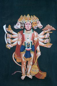 シュリ・パンチムキー・ハヌマーン（紙にグワッシュと水彩） 作： School Indian