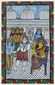 神々はクリシュナを賞賛しに来て、美しい子供の体であるガネーシャ（GaneshまたはGanapati）を母パールヴァティの膝の上に座らせて具現化します。パット：ベンガル地方の絵巻物で、バウル（Baul）という歌手の物語の媒体としての役割を果たす。レオナルド・デ 作： School Indian