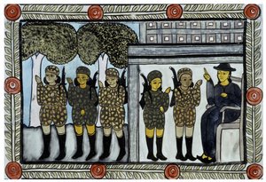 ベンガルの行商人バウルが語る2001年9月11日の同時多発テロの物語。絵画、シリーズ、番号4/9、ベンガル。 作： School Indian