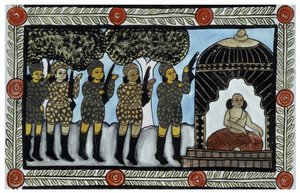 ベンガルの行商人バウルが語る2001年9月11日の同時多発テロの物語。絵画、シリーズ、ナンバー2/9、ベンガル。 作： School Indian