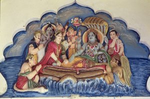 シェシャナーガに浮かぶヴィシュヌ・ナーラーヤナ（描かれたレリーフ） 作： School Indian