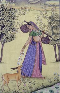 ルドラ・ヴィーナと花輪を持つ女性 インド細密画 作： School Indian