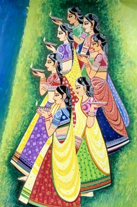 オイルランプを持つ女性たち ミニアチュール画 インド 作： School Indian