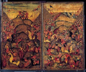 戦闘シーン。17世紀に描かれたインド・イラン系の絵画。パリ装飾美術博物館 作： School Iranian