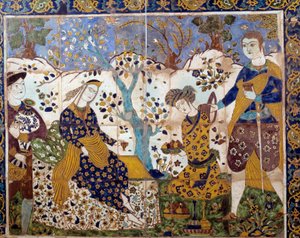 イラン美術：ペルシャ人の中のポルトガル人宣教師を表すアズレージョの細部17世紀 アメリカ人コレクション 作： School Iranian