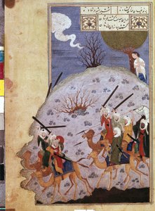 イランの巨匠によるナウファルとライラの部族の戦いを見守るマジュヌーン。(紙に水彩、ガッシュ、ホワイトカラー、インク