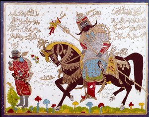 イスラム美術 アンタル（アンタル・イブン・シャッダッド）の歴史を描いたガラス絵 6世紀のイスラム以前のアラブの詩人。シリア、ダマスカス、アゼム宮殿またはアズム