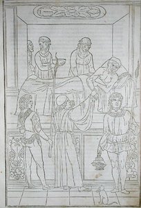 ヨハネス・デ・ケタムの「Fascilulus Medicinae」より患者を訪ねる医師（1490年頃）15～16世紀（木版画 作： School Italian