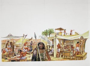 古代テーベ-デイル・エル・メジナの四分の一を復元（カラーリトグラフ） 作： School Italian