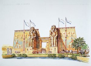 古代テーベ-ラムセス2世時代の「メムノンの巨像」として知られるアメムホテプ3世の像の復元（カラーリトグラフ 作： School Italian