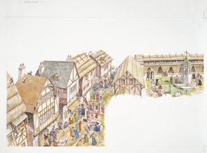 フランス、中世-村の日常生活の再現（カラーリトグラフ 作： School Italian