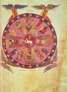 Ms. M. 644 f.87 黙示録4:4 二十四人の長老による小羊の礼拝、リエバナとヴァルカヴァードのベアトゥスによる「黙示録注解」からの写し、776年（ヴェラム紙）