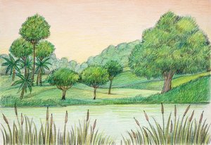 先史時代～第三紀～自然環境の復元（カラーリトグラフ 作： School Italian