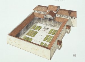 タイタス・フラウィウス・ヴェスパシアヌスが建設したフォーラムの復元（カラーリトグラフ 作： School Italian