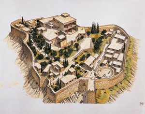 古代ミケーネの復元図（カラーリトグラフ 作： School Italian