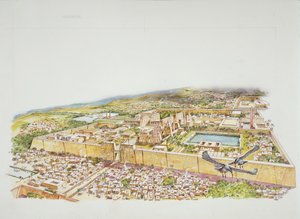 ラムセス2世時代のカルナックのアモン神殿の復元図（カラーリトグラフ 作： School Italian