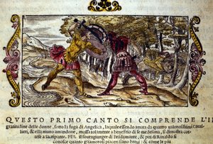ルドヴィコ・アリオスト（1474-1533）の騎士の詩「オルランド・フリオーソ」（激情のローランド）から引用したシーンである、美しいアンジェリカ（アンジェリカ）に恋するソバのフェラガスとルノー（リナルド）の戦いを表現したもの。