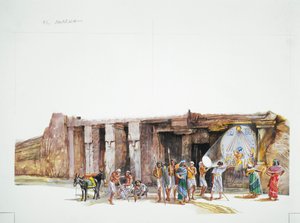 テル・エル・マルナ-太陽の円盤として描かれたアトン神の礼拝の再現（カラーリトグラフ 作： School Italian