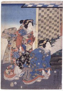 2人の女性（片膝立ち）（カラー木版画）