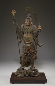 Bishamonten（Vaisravana、北の守護者）（クリスタル、金箔、金属を使用した多色の木材） 作： Japanese School