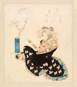 短冊を読む花魁（カラー木版画） 作： School Japanese