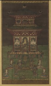 ホロカクマンダラ：仏陀とそれに付随する神々、平安時代（シルクパネルに色と金） 作： Japanese School