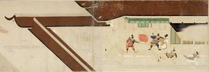 平治（1159-1160）の乱の絵物語（六波羅を訪問）（南北戦争の絵物語、六波羅への行幸） - 匿名の作品、紙に水彩とインク、最初のロール 作： School Japanese
