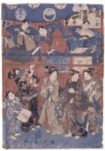 神社のコレクションステージ前のシーン（カラー木版画） 作： School Japanese