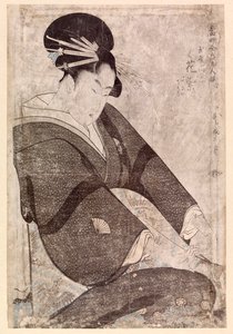 座る日本人女性（カラー木版画） 作： School Japanese